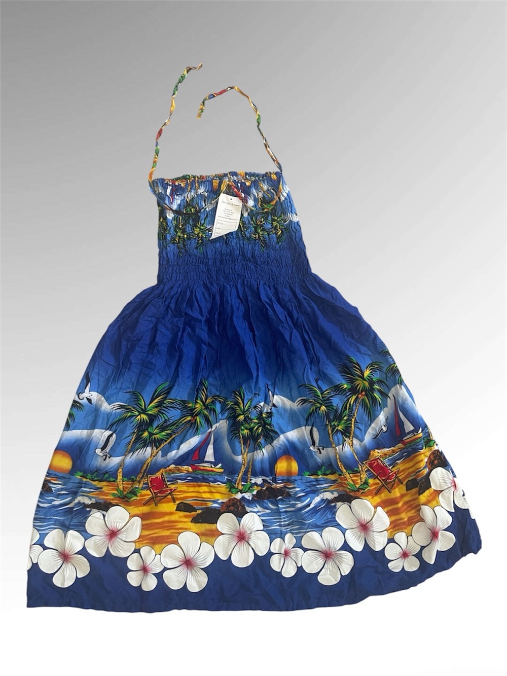 Vintage Y2K Island Girl Strapless/Halter Tie Dress w/Palm and Beach Pattern